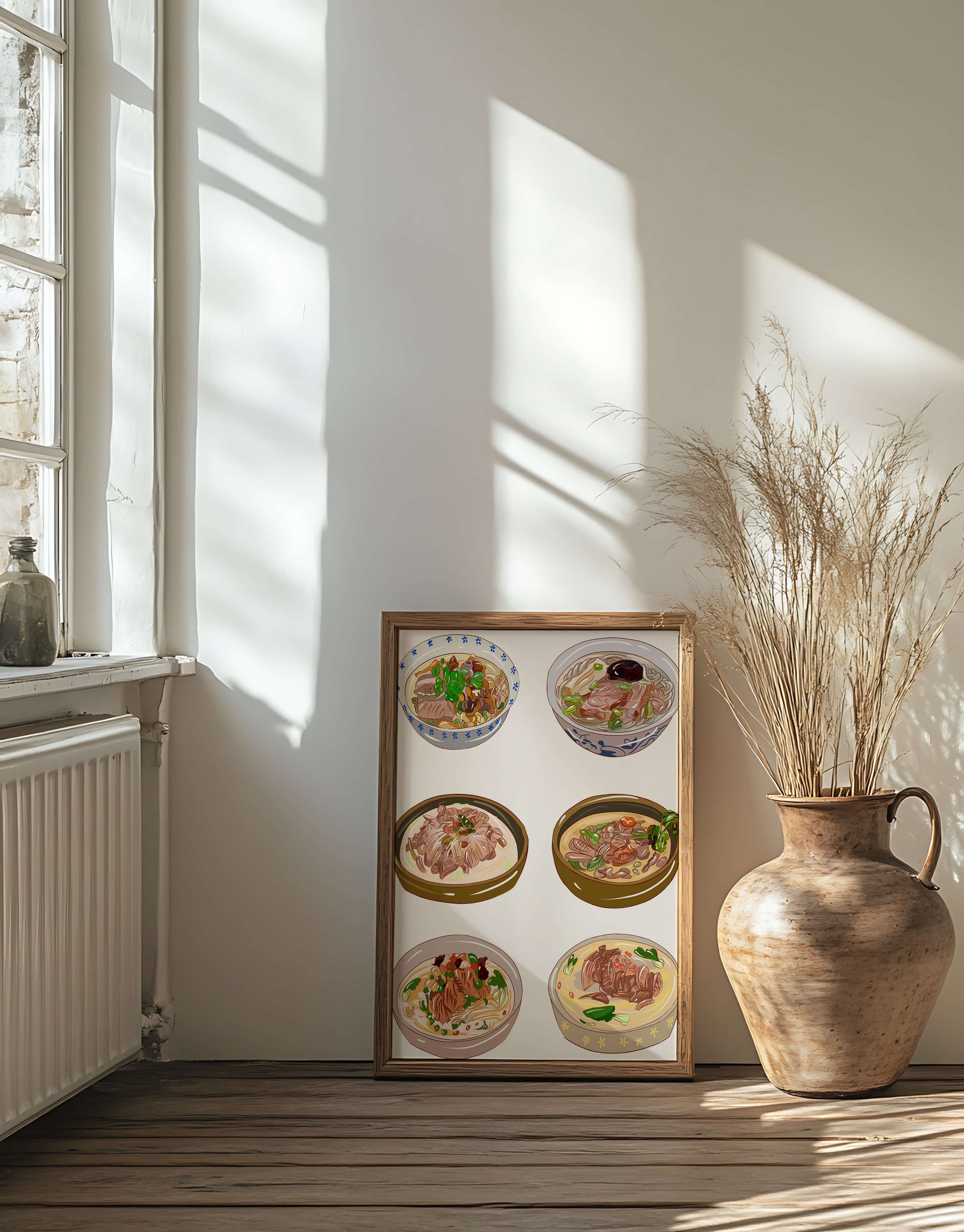 Illustrated bowls of Asian noodle soups with herbs and vegetables
