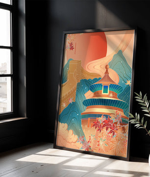 Illustration of Chinese architecture with the Great Wall and nature elements