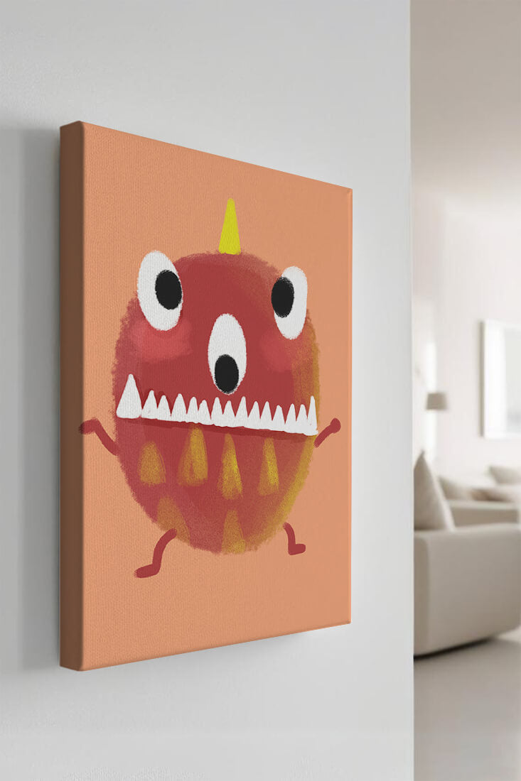 Monstruo colorido con rasgos geométricos y expresión lúdica.