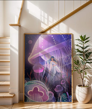 Underwater Fantasy Scene with Jellyfish and Girl