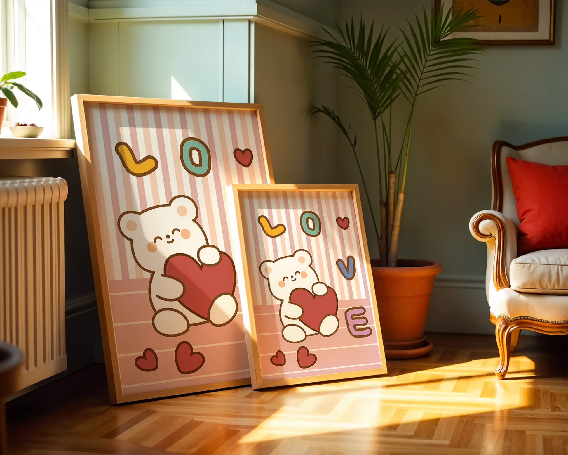 Adorable bear holding a heart in a playful love-themed illustration