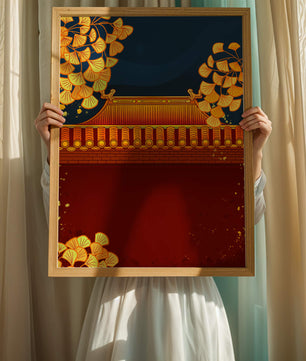 Traditionelles asiatisches Dach mit goldenem Laub auf dunklem Abendhimmel