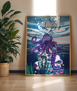 Colorful underwater scene with octopus and fishing boat above