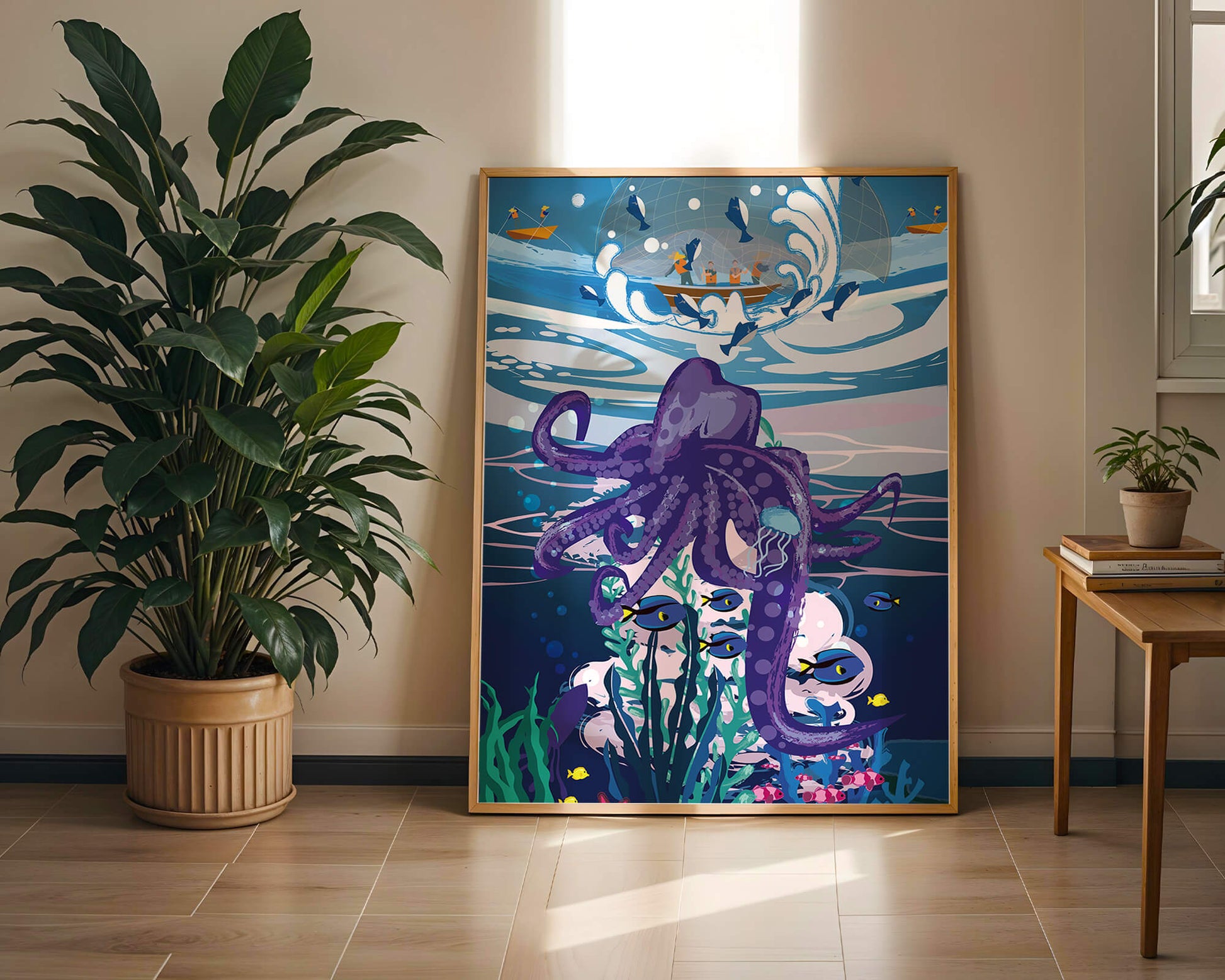 Colorful underwater scene with octopus and fishing boat above