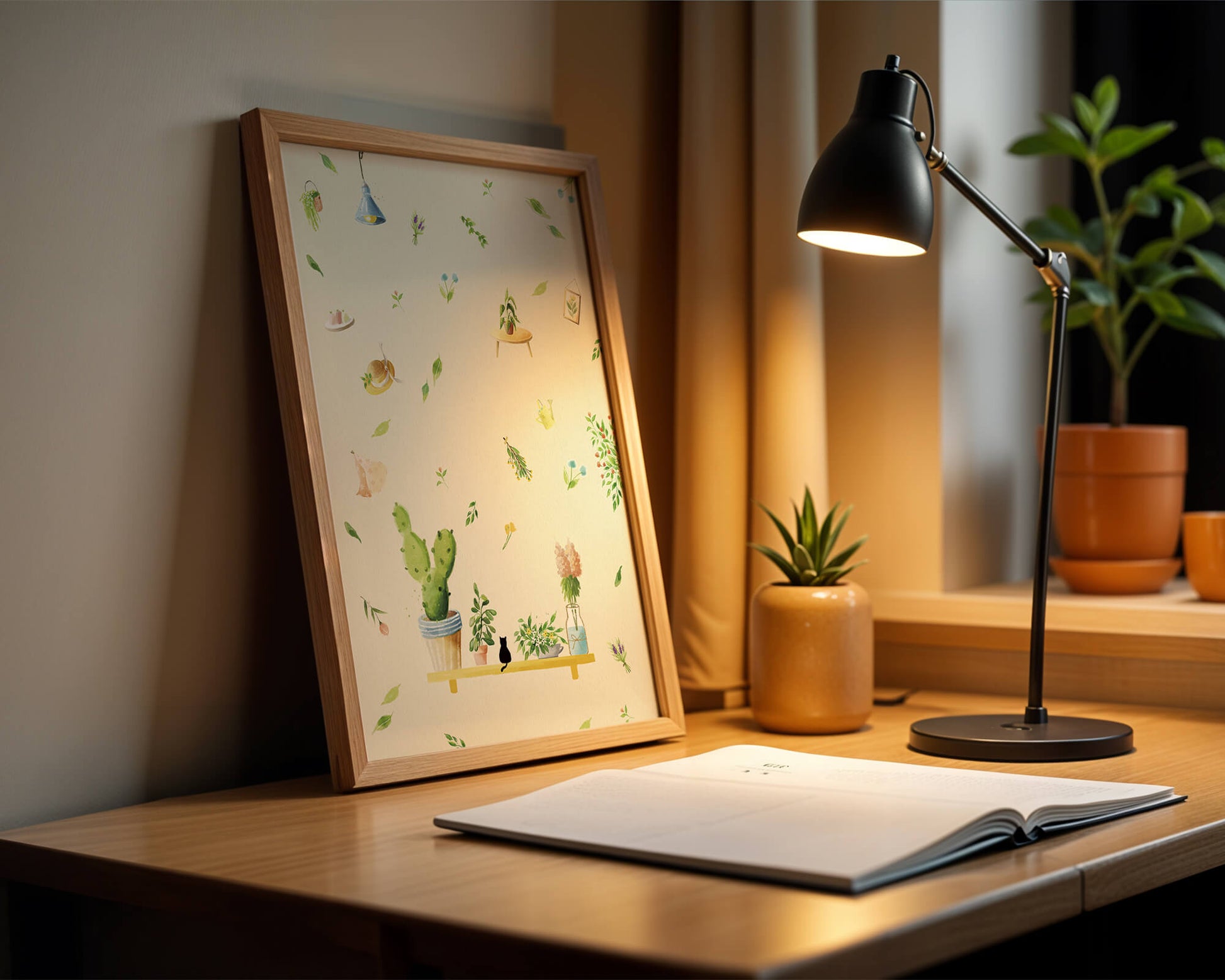 Illustration décorative avec des plantes et des éléments chaleureux