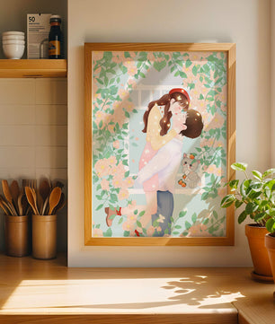 Romantic Kiss Amidst Blooming Flowers And Playful Cat