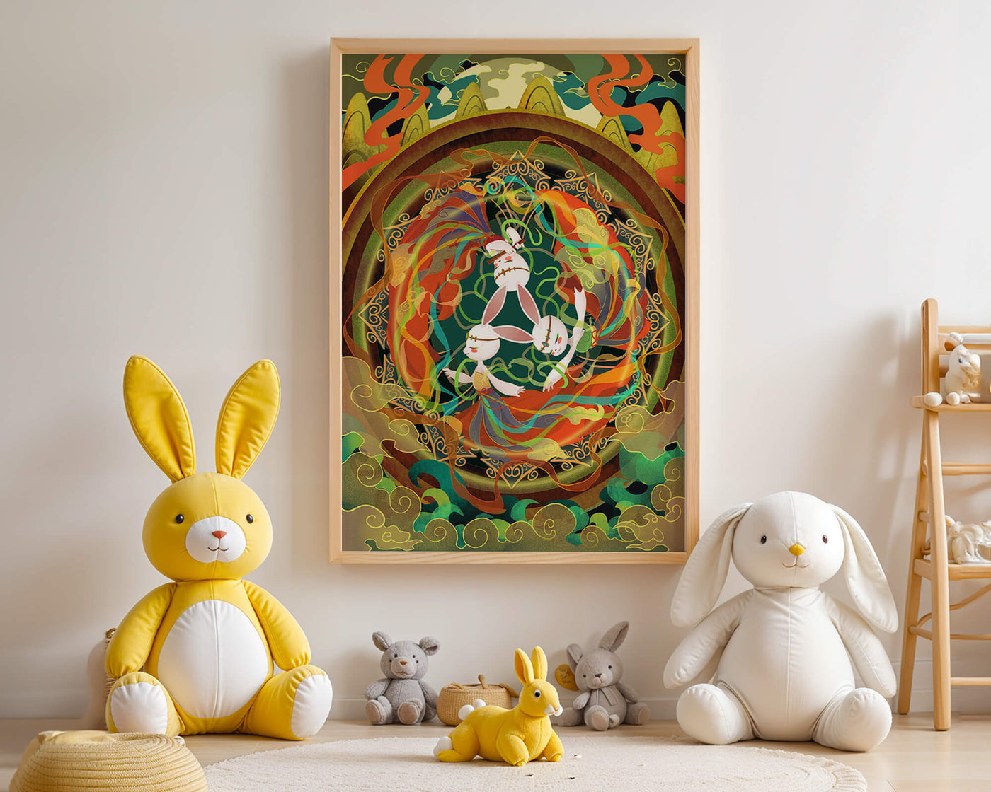 Whimsical fantasy illustration with mystical bunnies