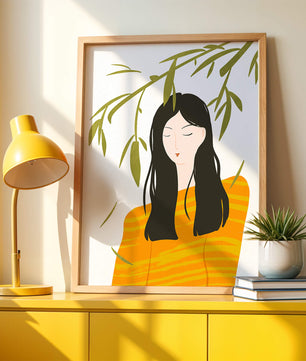 Illustration d'une femme en pull orange avec un fond de feuillage