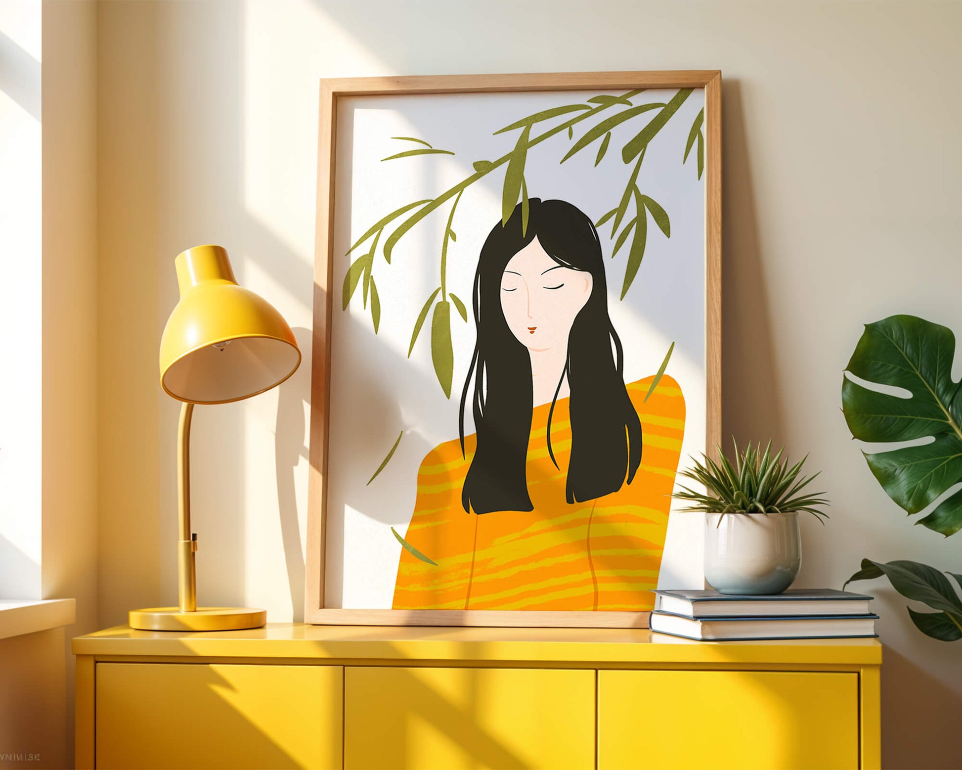 Woman in orange sweater with foliage backdrop illustration