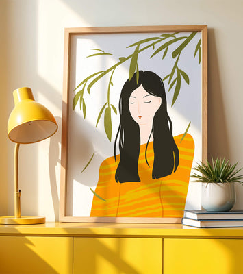 Woman in orange sweater with foliage backdrop illustration