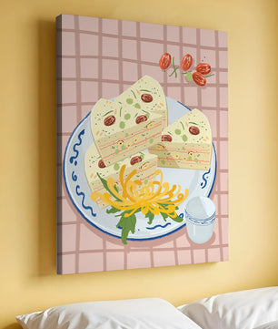 Illustration of layered cake on patterned plate with flowers and a cup