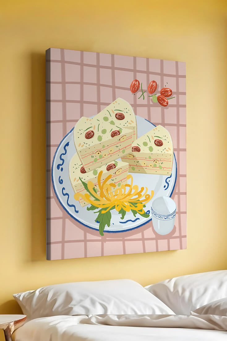 Illustration of layered cake on patterned plate with flowers and a cup
