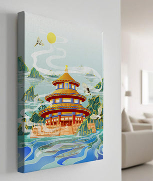 Alter chinesischer Pavillon am Wasser mit Kranichen und Bergen