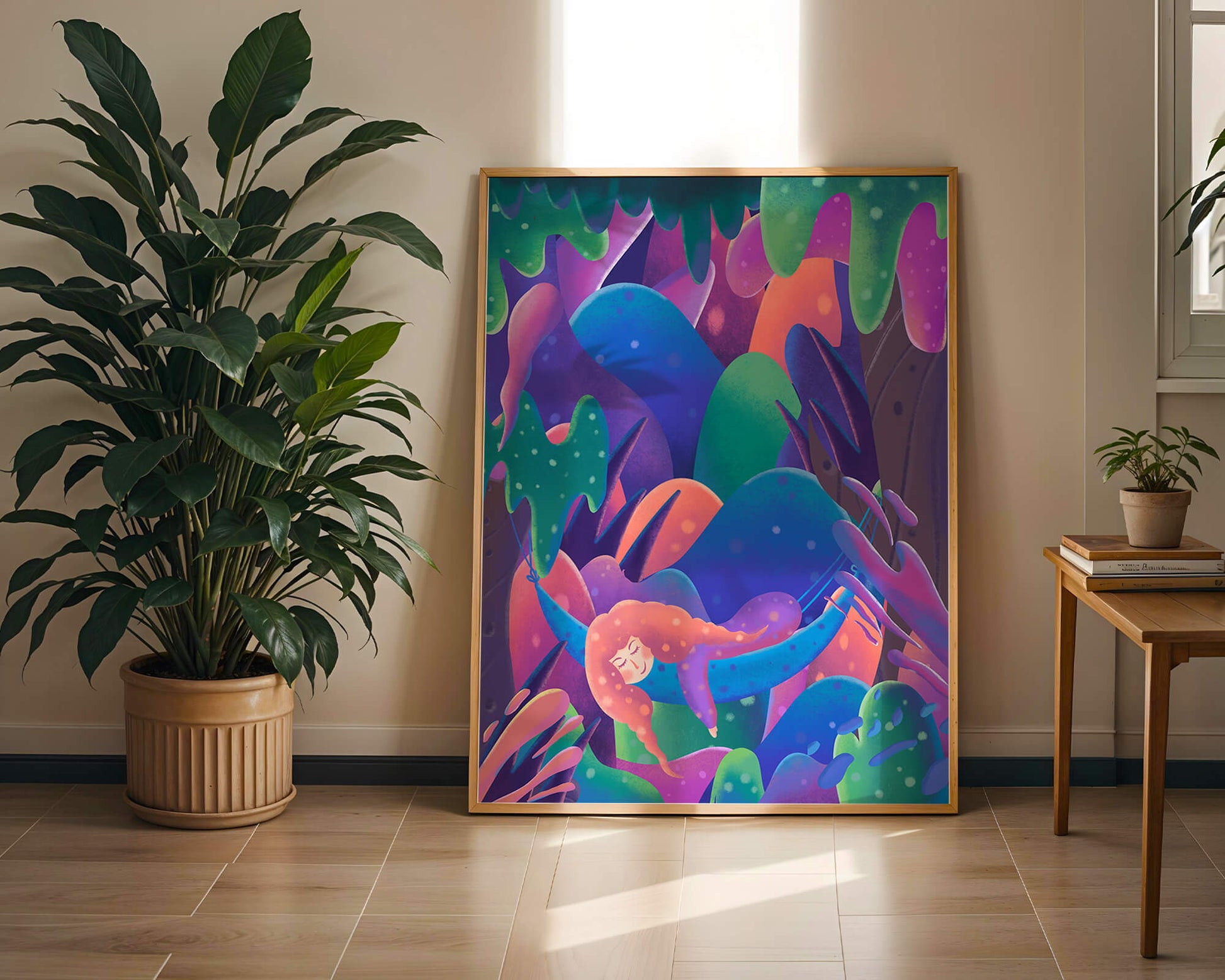 Selva surrealista onírica con mujer dormida