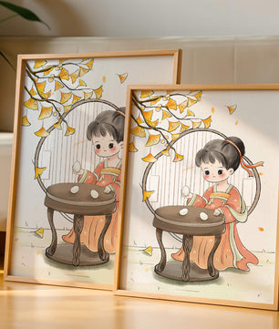 Charmante illustration d'une fille en tenue traditionnelle avec des feuilles de ginkgo