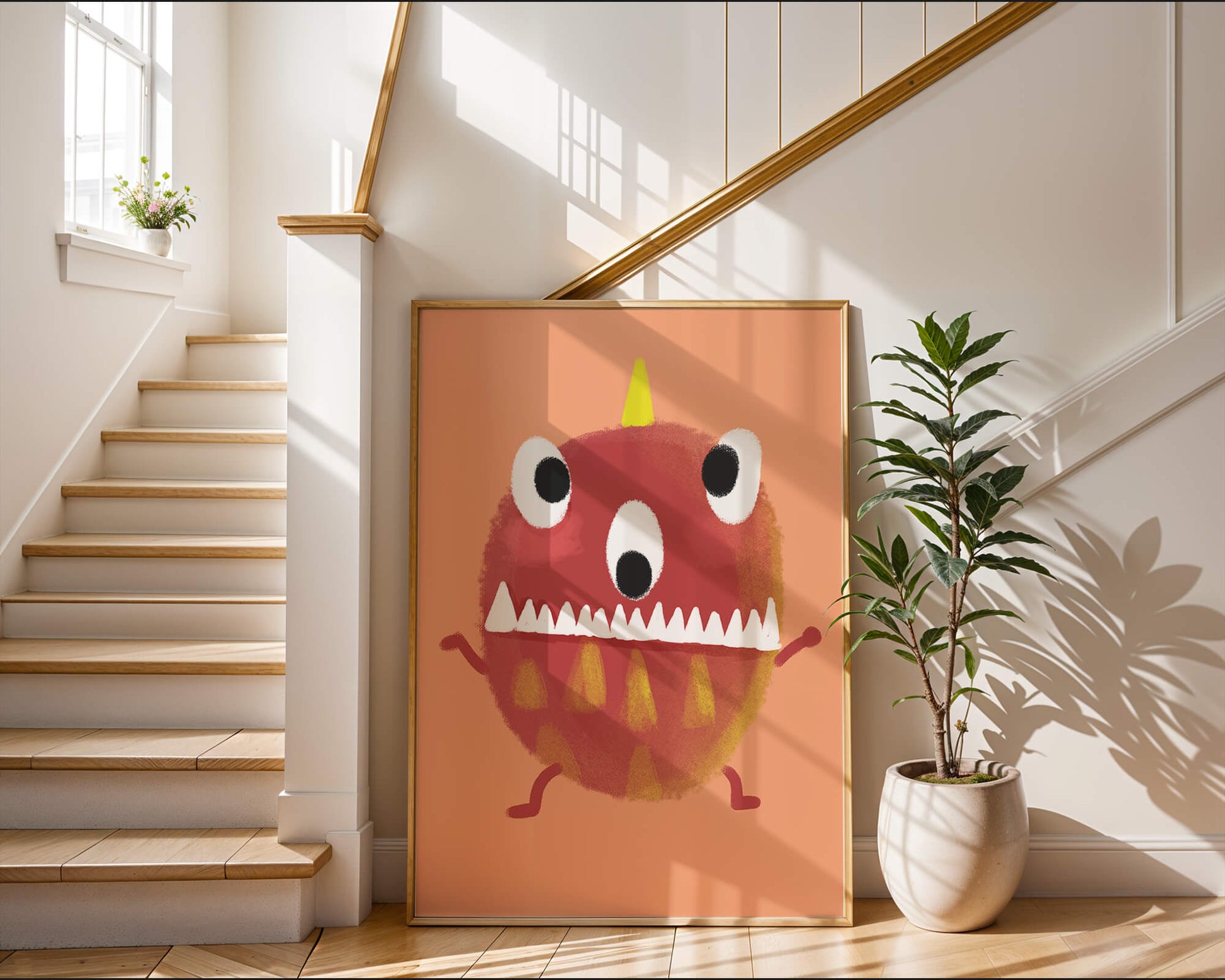 Monstruo colorido con rasgos geométricos y expresión lúdica.