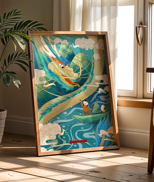 Colorful dragon and child illustration with vibrant waves and clouds