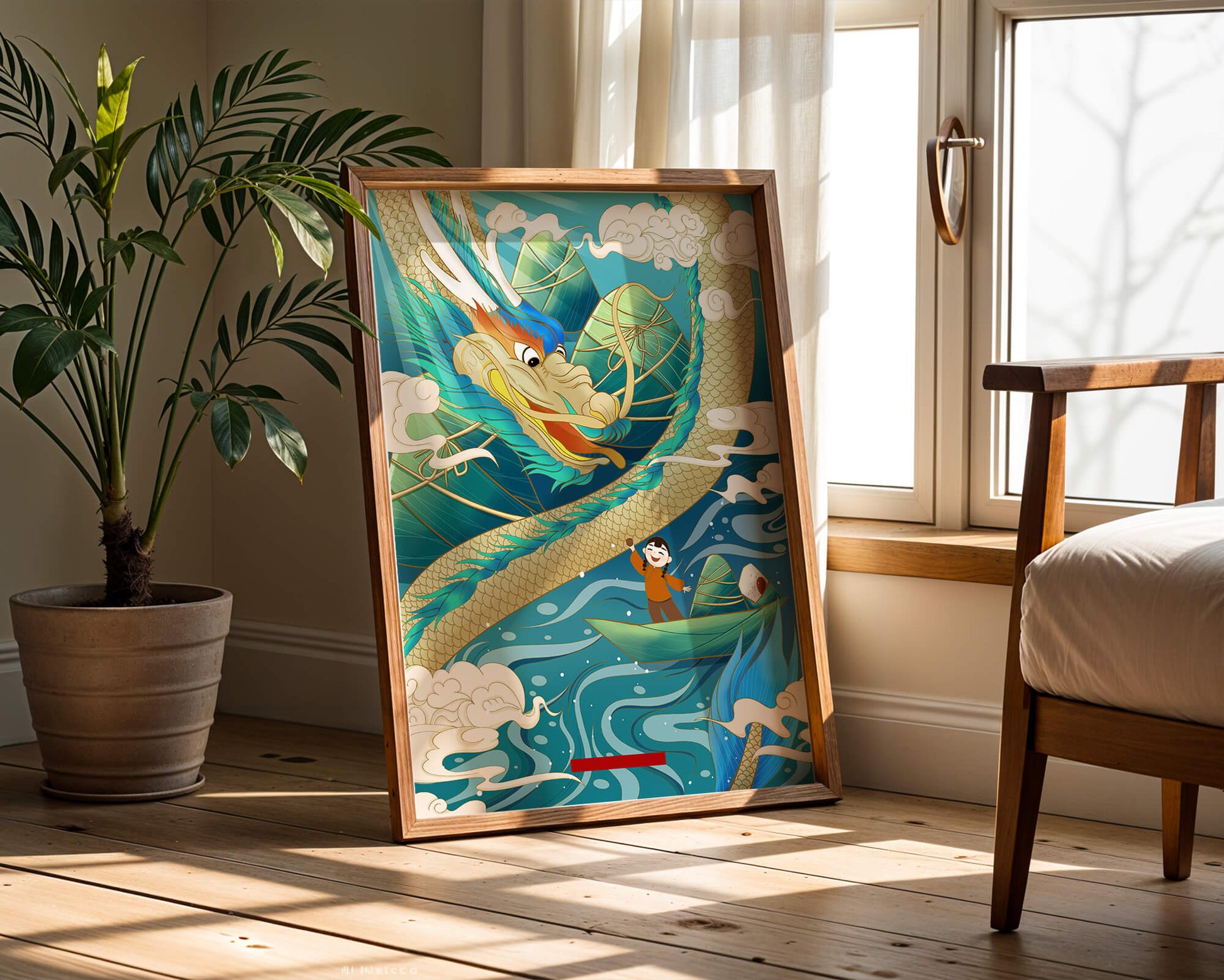 Colorful dragon and child illustration with vibrant waves and clouds