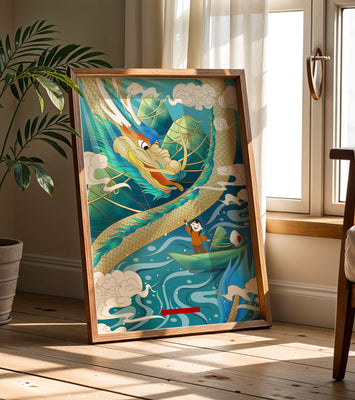 Colorful dragon and child illustration with vibrant waves and clouds