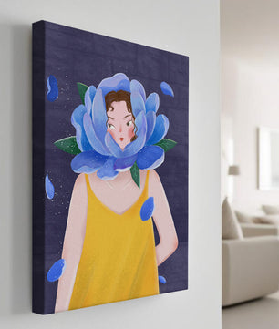 Illustration of woman with blue flower head and yellow dress