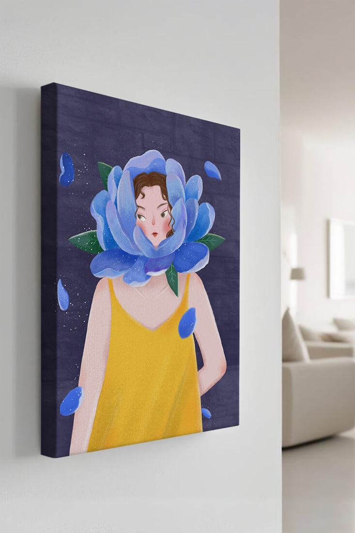 Illustration of woman with blue flower head and yellow dress