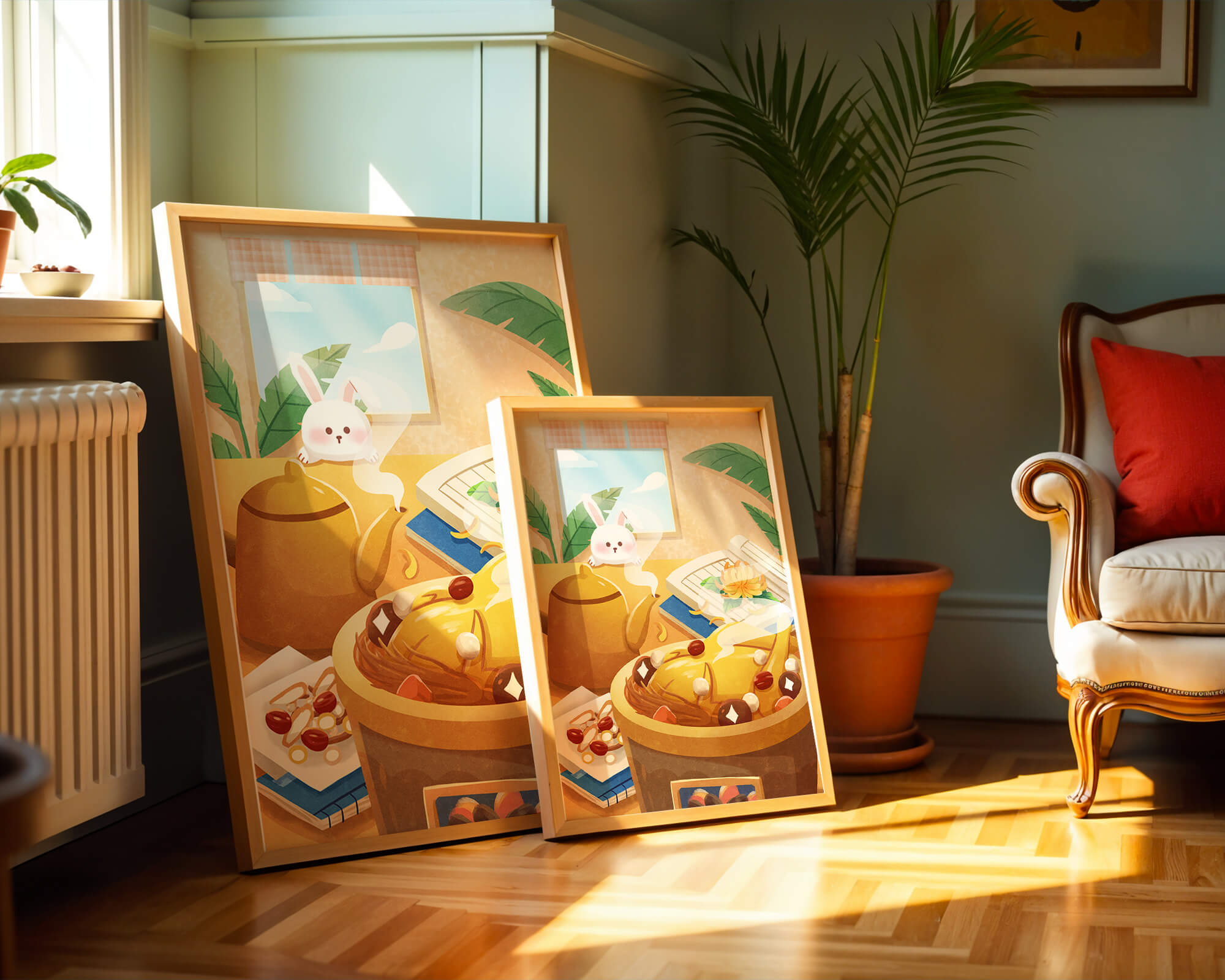 Cozy kitchen scene with cute bunny, teapot, and golden dessert