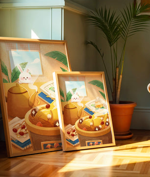 Cozy kitchen scene with cute bunny, teapot, and golden dessert