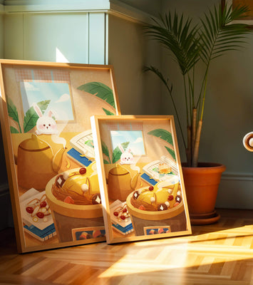 Cozy kitchen scene with cute bunny, teapot, and golden dessert