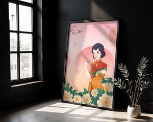 Elegant Woman in Traditional Asian Dress with Floral Background - Mi tienda