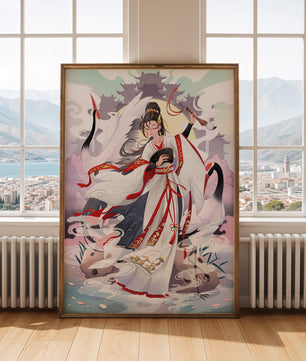 Elegant Asian Artistry with a Crane and Traditional Attire