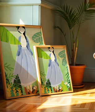 Serene illustration of a woman in nature with tropical leaves