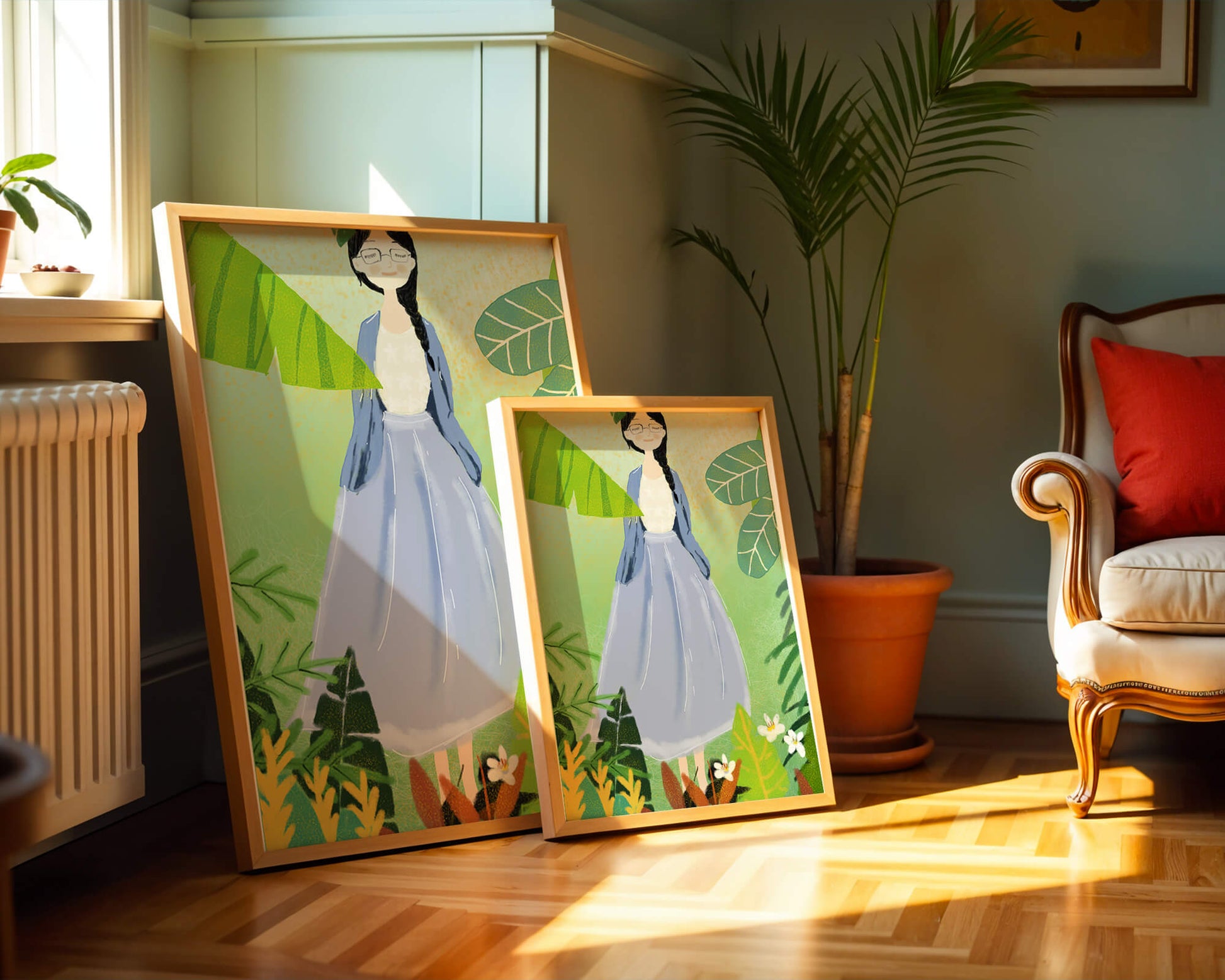 Serene illustration of a woman in nature with tropical leaves