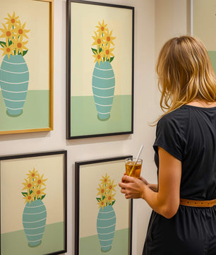 Yellow Sunflowers in a Blue Striped Vase on a Minimalist Background - Mi tienda