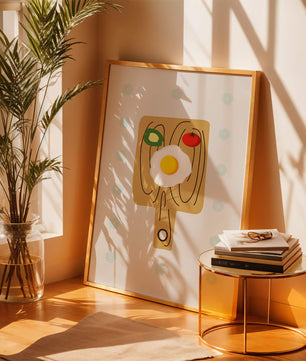 Ilustración de una escena de desayuno con huevo, aguacate y tomate sobre tabla de madera
