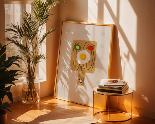 Illustration of a breakfast scene with egg, avocado, and tomato on wooden board