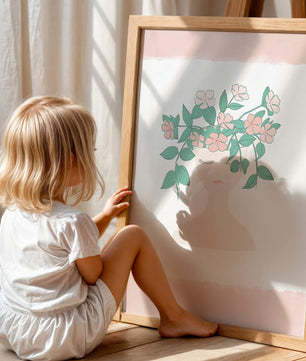 Illustration of a Minimalist Face with Floral Headpiece and Pink Background