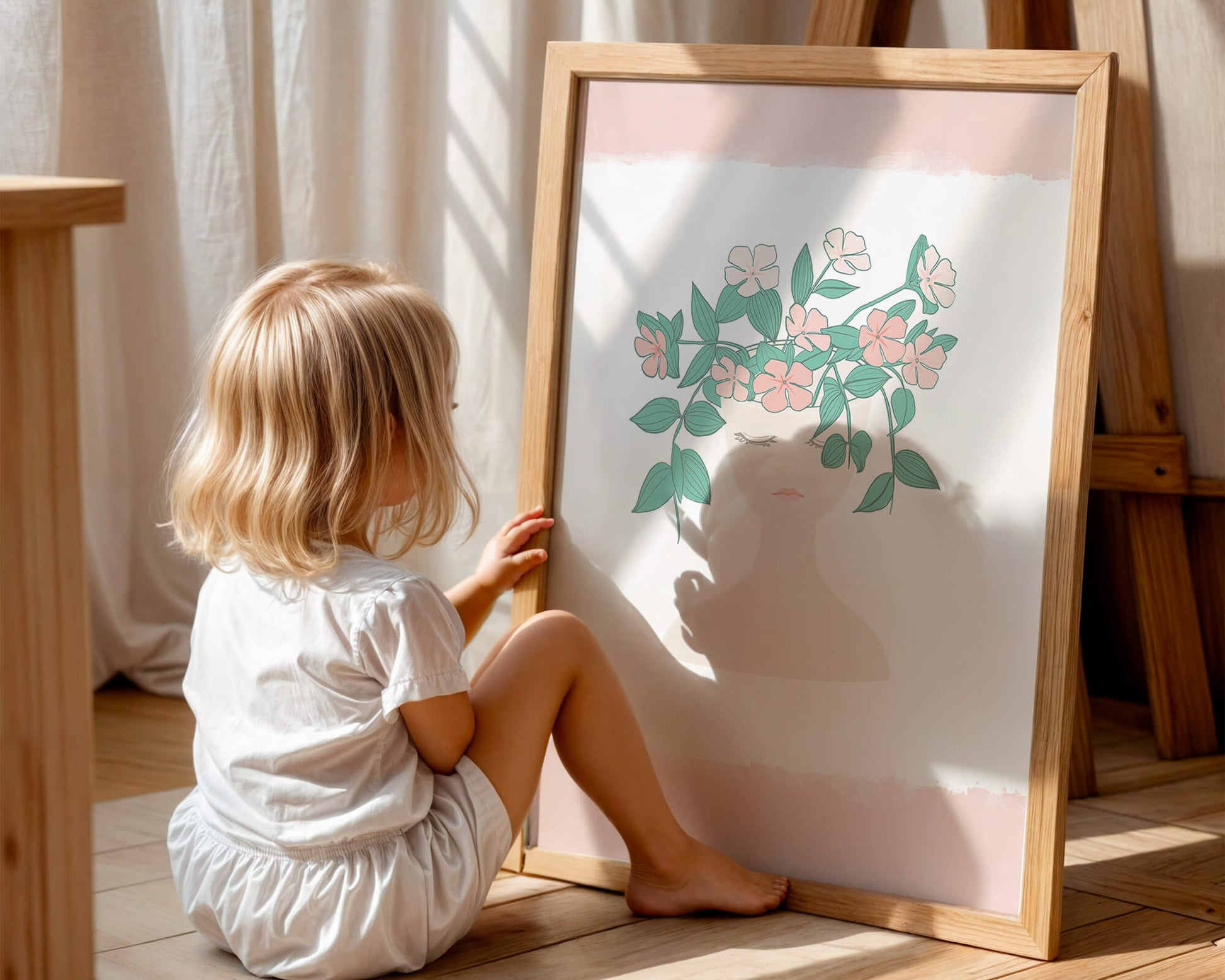 Illustration of a Minimalist Face with Floral Headpiece and Pink Background