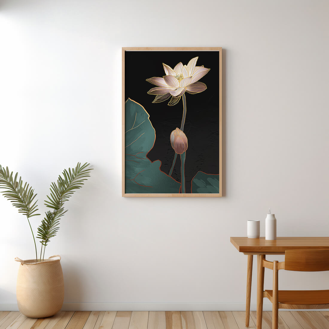 Flor de loto con acentos dorados sobre fondo oscuro.
