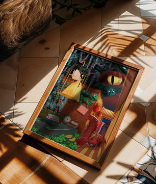 Jardín encantado con hada, serpiente y elementos misteriosos