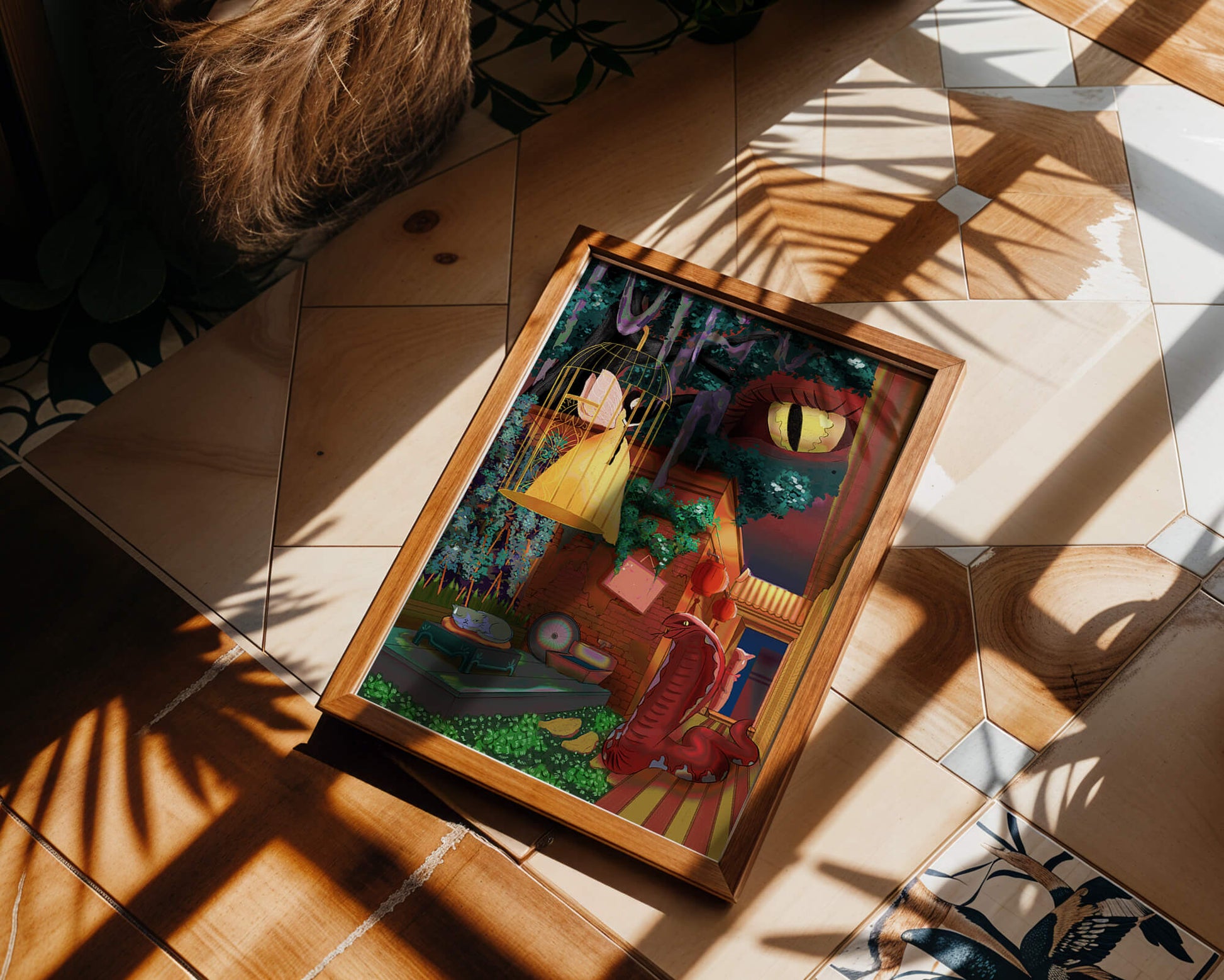 Enchanted garden with fairy, snake, and mysterious elements
