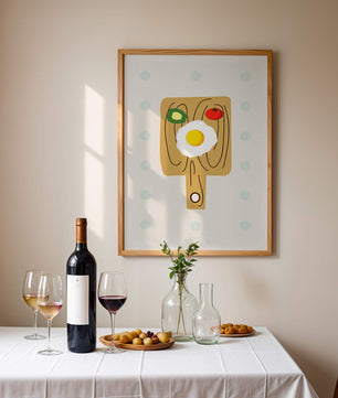 Ilustración de una escena de desayuno con huevo, aguacate y tomate sobre tabla de madera