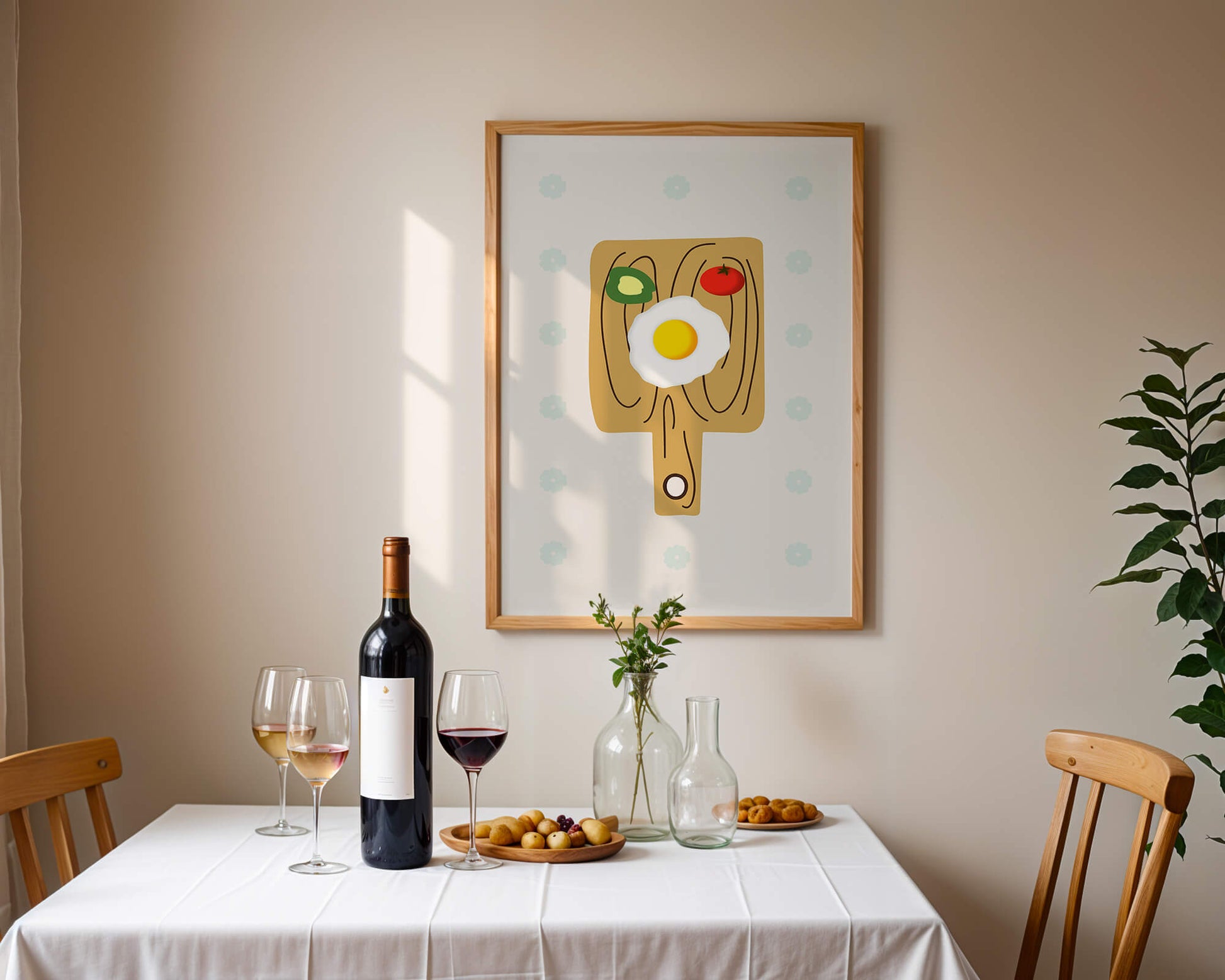 Ilustración de una escena de desayuno con huevo, aguacate y tomate sobre tabla de madera