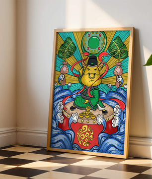 Colorful illustration of a mythical creature with traditional elements and vibrant colors