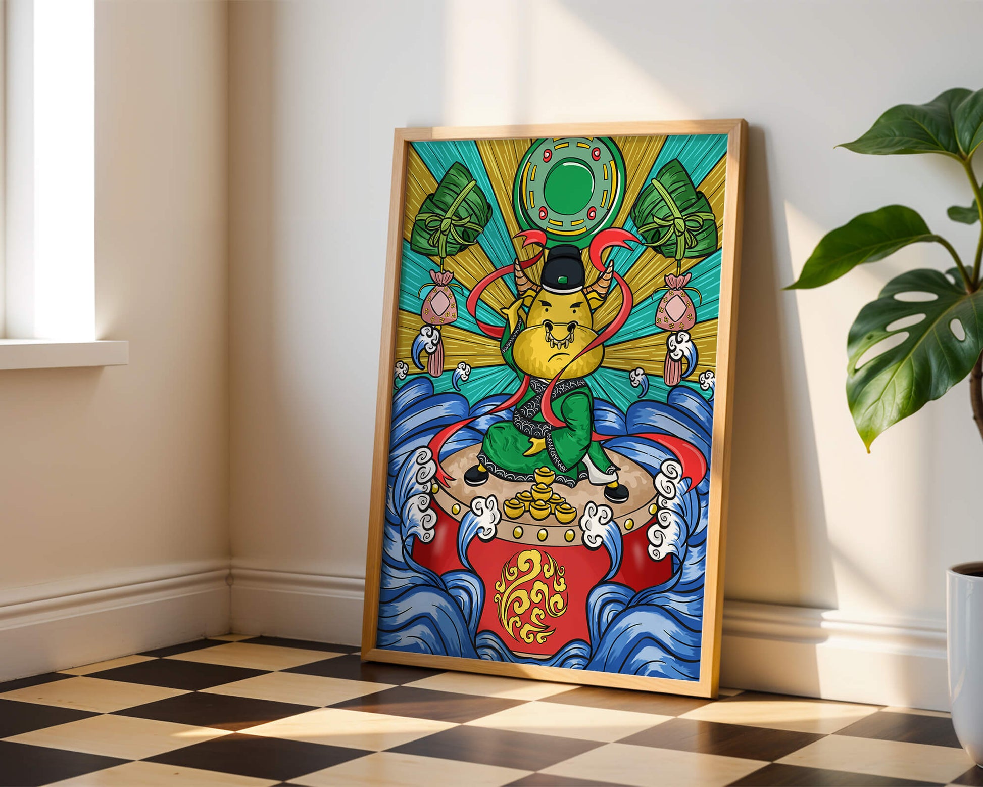 Colorful illustration of a mythical creature with traditional elements and vibrant colors