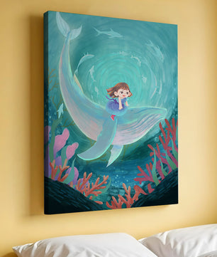 Underwater scene with child and whale surrounded by marine life