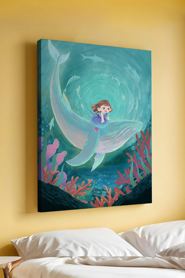 Underwater scene with child and whale surrounded by marine life