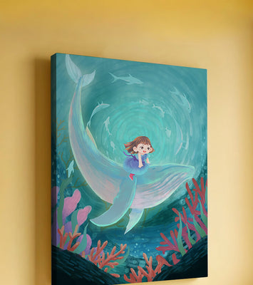Underwater scene with child and whale surrounded by marine life