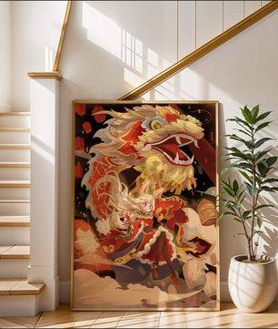 Personnage dynamique avec dragon et lanternes dans une œuvre d'art animée et vibrante