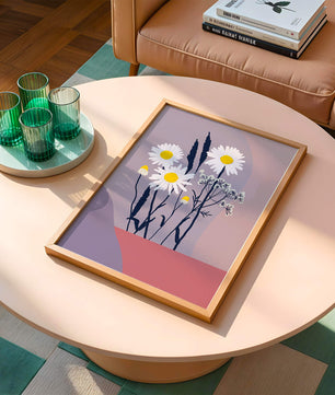 Illustrative floral artwork with daisies and abstract background