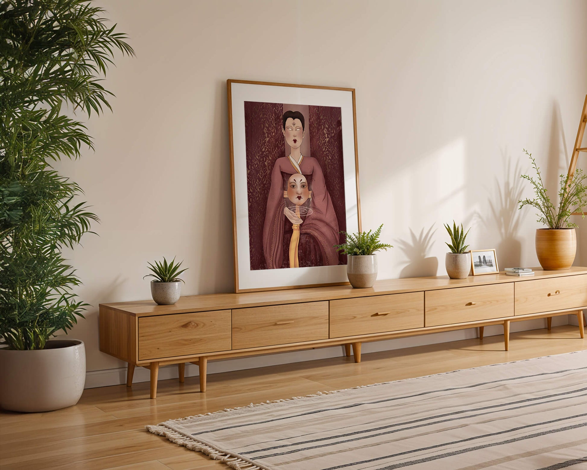 Ilustración de una figura mística con máscara y fondo ornamentado